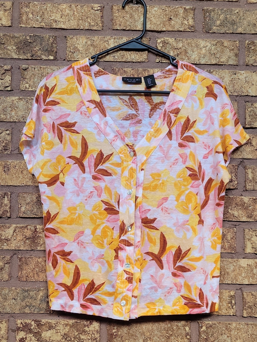 Tahari 100% Linen Floral Button-Front V-Neck Short Sleeve Top Size Medium